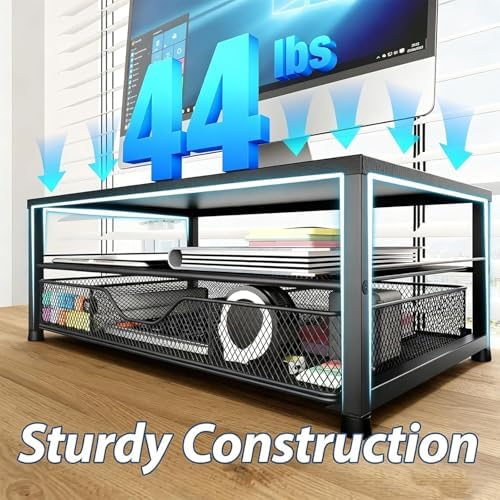 OPNICE Desk Organizer and Accessories, 2-Tier Computer Monitor Stand Riser with Drawer and 2 Pen Holders, Laptop Stand, Office Desk Accessories for Office Supplies, Soft Black - Image 6