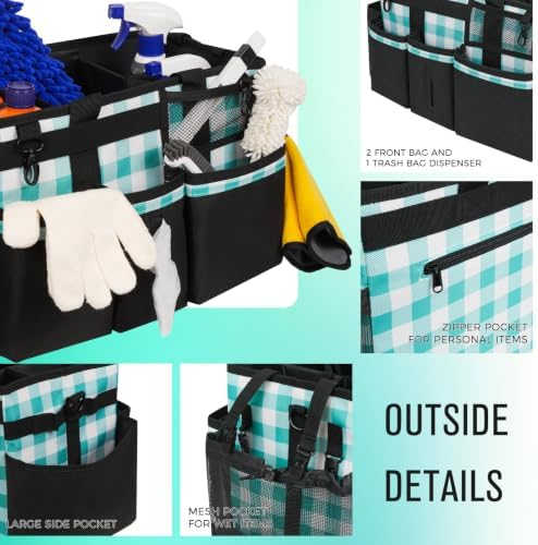 SCAVATA Wearable Cleaning Caddy, Cleaning Caddy Supplies Organizer with Handle & Shoulder Straps for Housekeepers, Under Sink & Car Cleaning Tool Organizers Bag with 4 Foldable Divider (BluePlaid) - Image 3