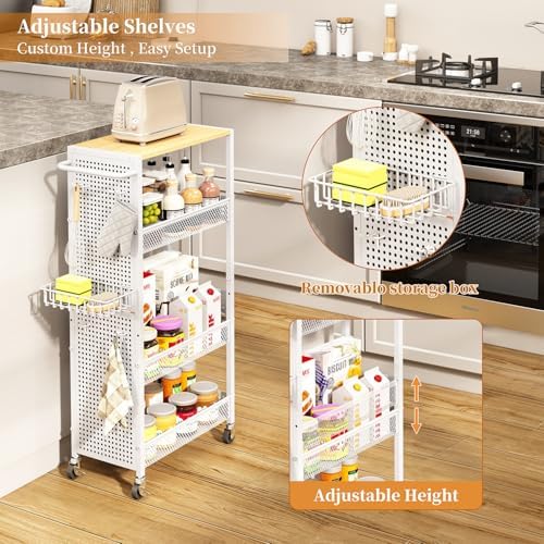 Slim Storage Rolling Cart: 4-Tier Narrow Metal & Wood Utility Cart with Wheels for Kitchen/Laundry/Bathroom(White) - Image 6