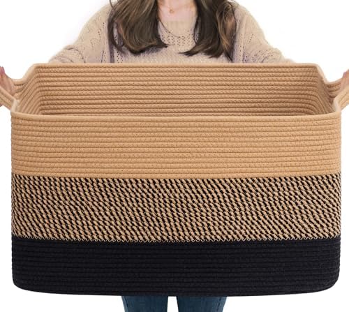 Goodpick 75L Large Woven Blanket Basket, 22" x 17" x 12", Black & Jute by Goodpick