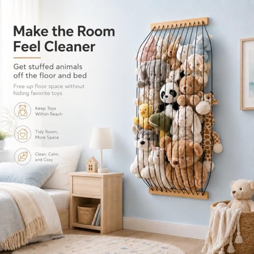 Stuffed Animal Storage Wood Soft Toy Organizer for Kids Room，Cute and Durable Wall or Door Mount Length Adjustable Hanging Stuffed Animal Toy Organizer Shelf for Nursery Play Room Black -Patent - Image 6