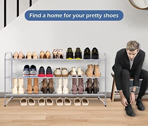 KEETDY 3-Tier Long Shoe Rack for Closet Metal Shoe Organizer for Entryway, Wide Stackable Shoe Storage Shelf with Sturdy Wire Grid for Closet Floor, Bedroom, Grey - Image 6