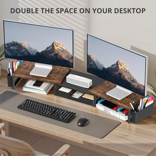 OPNICE Desk Organizers and Accessories, Dual Monitor Stand Riser with Drawer and 2 Pen Holders, Desk Shelf Computer Racks & Printer Stand for Office Workspace Organizers, Desktop Organization (Rustic Brown) - Image 3