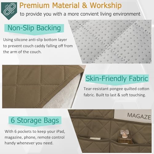 Remote Control Holder for Recliner Non-Slip Armchair Caddy Couch Armrest Organizer, Arm Chair Bedside Caddy Storage Organizer for Recliner Couch With 6 Pockets for Magazine, Phone, iPad (Beige) - Image 3