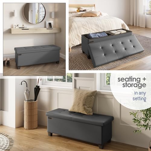 Storage Ottoman Bench with Bins, 43-in Storage Bench for Bedroom End of Bed, Folding Foot Rest Ottoman for Living Room Max 660lbs, Faux Leather Ottomans, Grey - Image 4