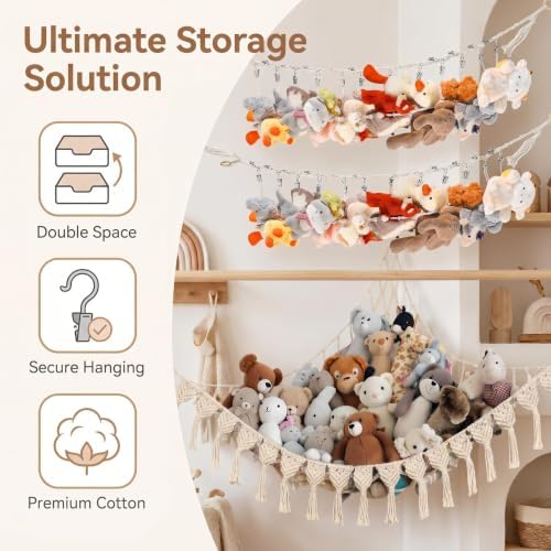 2pcs Stuffed Animal Storage Combo,Handcrafted Macrame Corner Hammock Net - Image 2