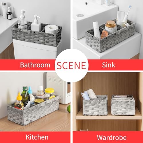 Toilet Tank Topper Paper Basket Multiuse Hand Woven Plastic Wicker Basket Bins with Divider for Shelves Rustic Farmhouse Bathroom Decor Countertop Organizer Storage - Image 5