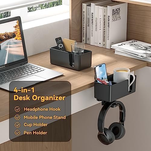 KDD 4 in 1 Desk Cup Holder - Clamp on Under Desk Headphone Hanger - Rotating Headphone Holder Detachable Pen Cup Holder Desktop Storage for Cup, Phone and Pen(Black) - Image 2