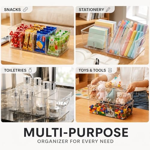 Clear Plastic Storage Bins with Removable Dividers – Pantry Snack Organizer, Kitchen Pantry Organizers and Storage, Snack Drawer Organizer, Fridge Organizer (2 Pack) - Image 3