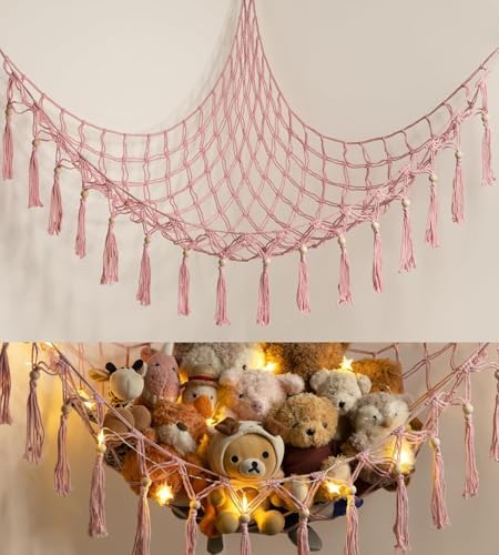 Stuffed Animal Storage Hammock Corner with LED Light - Toy Hanging Organizer Plushie Net - Pink Room Decor for Teen Girls - Cute Bedroom Aesthetic Nursery Kids Baby Toddler by TCGPRO