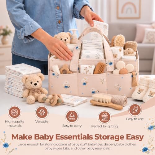 PeraBella Baby Diaper Caddy Organizer, Floral Baby Basket Shower Gift, Nursery Organizer Basket Newborn Boy & Girl Essential Items, Changing Table Organizer Caddy for Baby Stuff, Car Caddy- Pink Bloom - Image 4