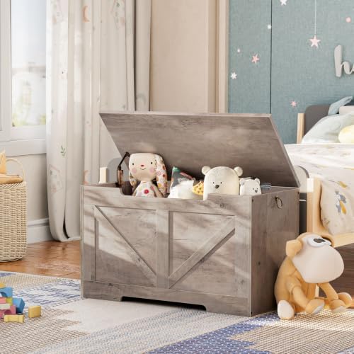 HOOBRO Storage Bench, 29.5” Retro Wooden Storage Chest with U-Shaped Cut-Out Pull, Safety Hinge, Supports 330 lb and Easy Assembly for Toy Box Organizer (Greige) BG77CW01G1 - Image 2