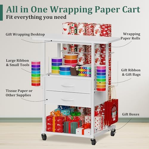 Wrapping Paper Storage Cart with 12 Rolls Wrapping Paper Organizer Holder, Rolling Craft Cart with 2 Fabric Drawer, Gift Wrapping Station with 4 Hooks Storage Ribbons and Gift Bags, Spave Saving - Image 4