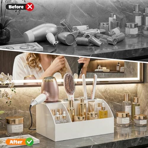 Hair Tool Organizer Countertop, Bathroom Vanity Organizers and Storage, Acrylic Hot Tools Organizer Storage for Hair Dryer, Curling Iron, Brush, Hair Straightener (White) - Image 6