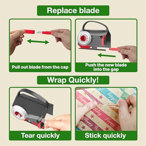 Wraprocut (2-Pack) Wrapping Paper Cutter & Tape Dispenser Dual Use with 4 Tapes，2 Replace Blades Kit for Christmas Gift Wrap Cutter Tool Paper Roll Holder Tube Sliding Slicing for Birthday Holiday. - Image 4