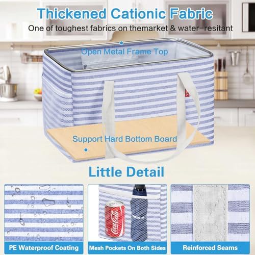 LHZK Standing Utility Tote Bag with Metal Wire Frame and the Sides Rinforced, Large Tote Bag with Handle, Reusable Grocery Bags Foldable, Beach Bag, Car Tote (Blue, 18.5''x11.8''x11.5'') - Image 4