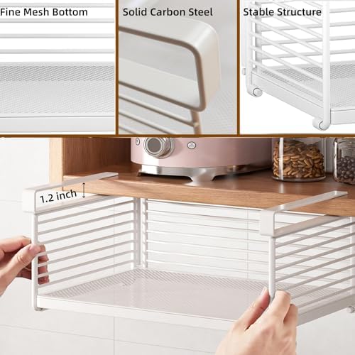 Under Cabinet Organizer, 12.2 Inch Slide Out Storage Basket, Metal Wire Hanging Rack for Kitchen Pantry, Closet, Office, Bathroom, Space Saving White Metal Shelf, White - Image 2
