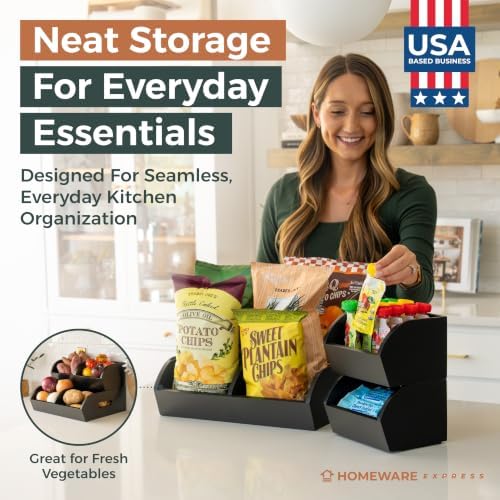 Potato and Onion Storage Bin, Stackable Bamboo Pantry Organizer and Storage, Black - Image 2
