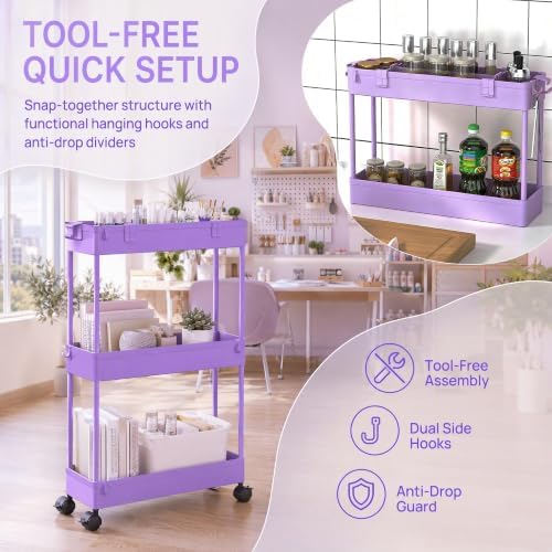 SPACELEAD Slim Storage Cart 3 Tier,Bathroom Organizer Rolling Utility,Mobile Shelving Unit Slide Out for Office, Kitchen, Laundry Room & Narrow Places,Purple - Image 7