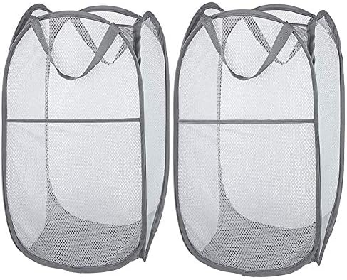 Larpur 2 Pcs Popup Mesh Laundry Baskets, Collapsible and Portable Clothes Washing Laundry Hampers with Reinforced Carry Handles, Gray Clothes Hamper for Home, Travel, College Dorm by Larpur