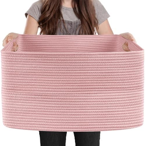 MEGASKET Extra Large Pink Storage Basket, 23.6" x 17" x 12" Rectangle Blanket Basket Living Room, Woven Cotton Rope Basket, Toy Basket Bins, Pink Baskets for Decor, Wicker Baby Laundry Basket by MEGASKET
