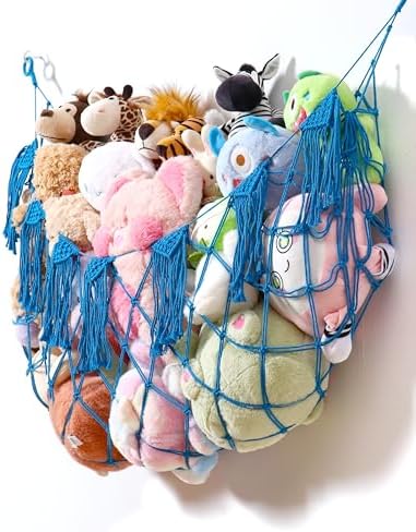 Boho Stuffed Animal Hammock, Corner or Falt Wall Hanging, Blue, L - Image 4