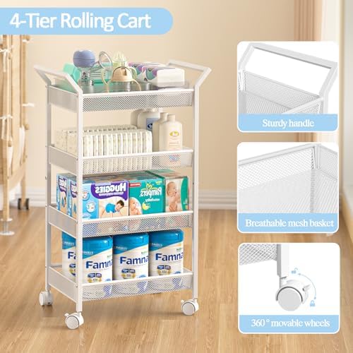 Baby Diaper Caddy Cart, 4-Tier Diaper Caddy Organizer and Storage, Rolling Utility Cart for Baby Supplies, Diaper Cart with Wheels for Bedroom, Nursery, Changing Table, White - Image 6