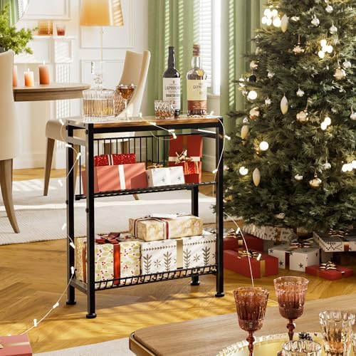Narrow Side Table for Small Space, 3-Tier End Table with Magazine Holder,Slim Nightstand with Wire Shelf, Skinny Bedside Table in Living Room, Bedroom, Study, kitchen and Balcony (Rustic Brown) - Image 2