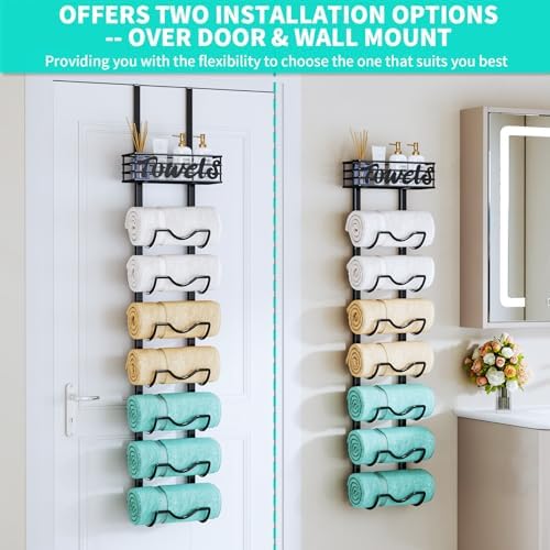 HapiRm Over The Door Towel Rack - 8 Tier Wall Mount Rolled Towel Holder Storage Organizer Shelf with Storage Basket for Small Bathroom, Rv, Camper - Black - Image 2