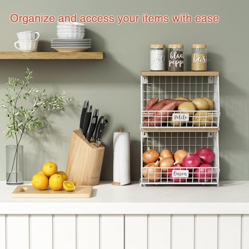 Goozii White Fruit Storage Basket for Kitchen Counter Set of 2, Wall Mount Wire Fruit Basket with Shelf with Banana Hanger, Hanging Countertop Organizer for Bathroom Pantry Cabinet, White + Natural - Image 2