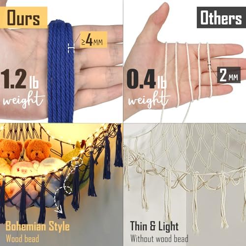 Stuffed Animal Hammock, 55in Storage Macrame Hammock with 75LEDs, Hanging Net for Kids Bedroom Doll Room Corner Organizer, USB Powered Plush Animal Storage Net with Remote (Dark Blue, XL) - Image 2