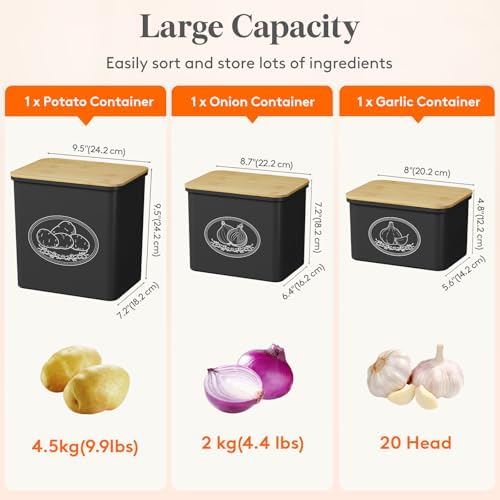 Lifewit Plastic Potato and Onion Storage Bin Box, Set of 3, Black - Image 3