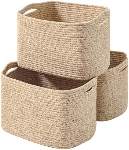 ICERZCZ Decorative Storage Baskets for Organizing Shelves, Toy Basket for Nursery, Woven Cotton Rope Baskets for Decor, Towel Basket for Bathroom, 15"x11"x9.5", 3 Packs, Brown by ICERZCZ