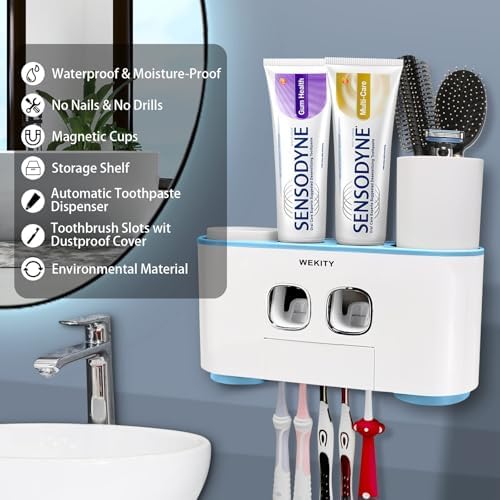 Toothbrush Holder Wall Mounted, WEKITY Multi-Functional Toothbrush and Toothpaste Dispenser for Bathroom, with 5 Toothbrush Slots, 2 Toothpaste Squeezers and 4 Cups(Blue) - Image 2