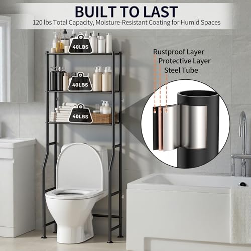 3-Tier Over Toilet Storage, Anti-Tip, 64" H, Black - Image 6