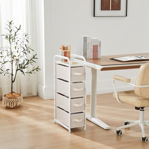 MAX Houser 4 Drawer Narrow Dresser Fabric Storage Tower Vertical Slim Storage Chest Organizer Nightstand Side/End Table Small Standing Organizer Removable Drawers Wood Top for Bedroom, Bathroom(Beige) - Image 4