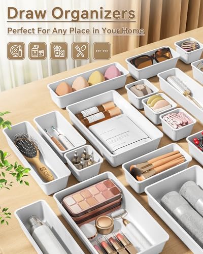 KEMETHY 25 PCS Plastic Drawer Organizers Set, 4 Sizes Vanity Organizer, Makeup and Desk Drawer Organizer Trays, Organization and Storage for Makeup, Bathroom, Kitchen Utensils and Office (White) - Image 6