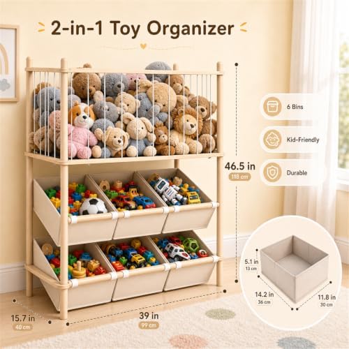 EAQ 2-in-1 Stuffed Animal Storage & Toy Organizer for Kids Rooms, 6 Bins - Image 3