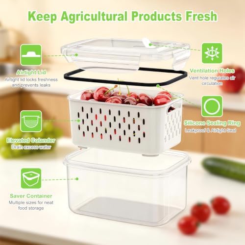 4Pack Fruit Storage Container for Fridge with Removable Colander and Vent - Image 2
