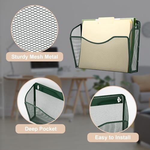 EASEPRES 3 Single Pocket Mesh Hanging File Organizer, Vertical Wall Mounted Magazine File Holder, Mount Basket Mail Paper Document Folder Organizing for Office, Home and School, Dark Green - Image 3