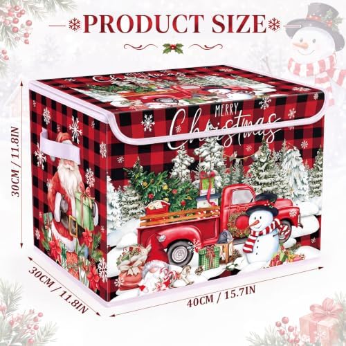 Briwooody Red Plaid Christmas Storage Bin with Lid and Carrying Handle - Image 3