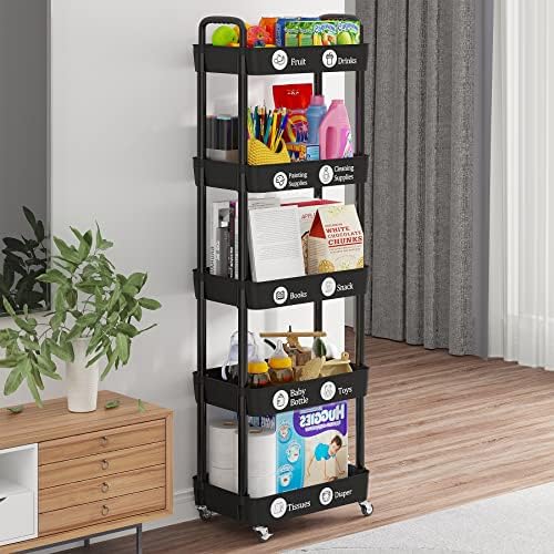 5 Tier Rolling Cart with Wheels,Utility Storage Carts,Black - Image 4
