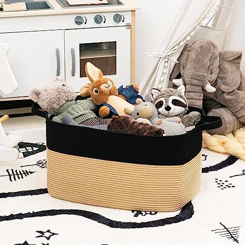 Goodpick Large Woven Blanket Basket, Rectangle, Black & Camel - Image 4