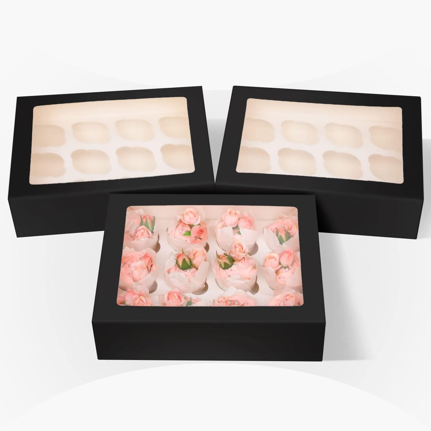 Bakepacker Auto-pop up 12 Cupcake Containers 6-Packs Black Cupcakes Carrier, 12 Cupcake Boxes with Window 13"x10"x3.5"
