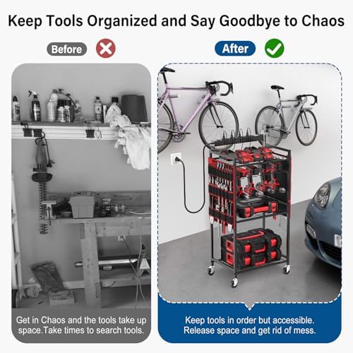 JUNNUJ Power Tool Charging Organizer Cart, 8 Outlet 3 USB, 6 FT Cord, Red - Image 7