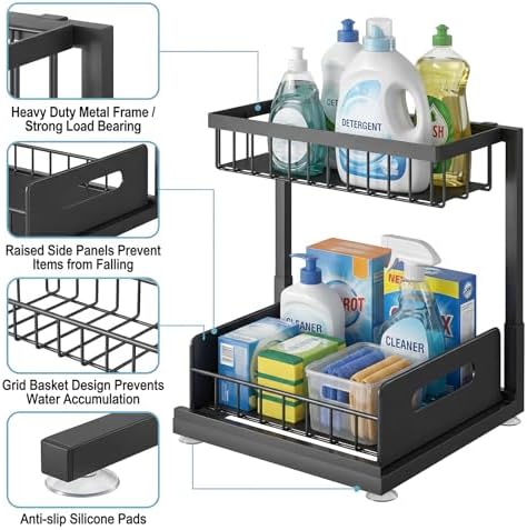 Under-Sink Storage Organizer (2-Pack) — Double-Tier Pull-Out Cabinet Organizer with Sliding Drawers ，Heavy-Duty & Versatile Storage Rack for Kitchen, Bathroom, and Pantry，Black - Image 7