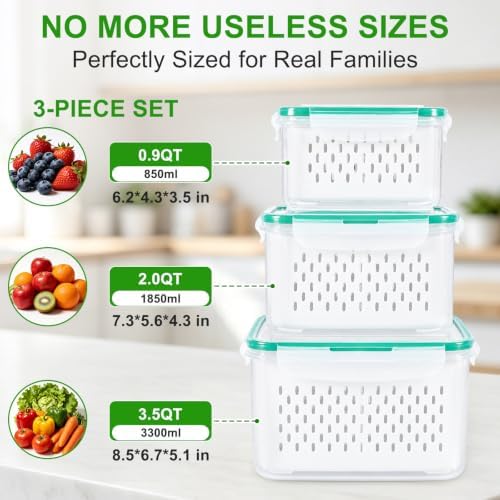 Thicker Produce Fruit Storage Containers for Fridge with Colander &Dividers - Image 2