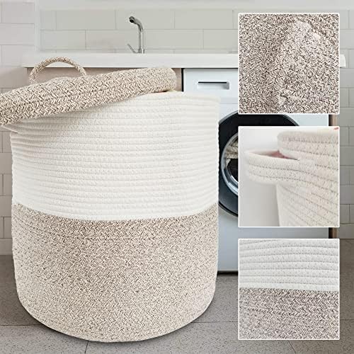 Large Storage Basket with Lid 60L, 16"Wx18"H Woven Laundry Hamper Basket with Handle, Room Decor Cotton Rope Wicker Basket Toy Organizer Bins for Clothes Blankets Pillows, Beige/White Mix includes Lid - Image 6