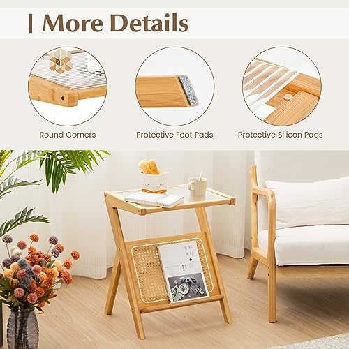 GIANTEX Rattan Side Table, Boho Nightstand with Glass Top & Magazine Rack, End Table with Storage, Bamboo Bedside Table for Small Space Living Room Bedroom (Natural,1) - Image 7
