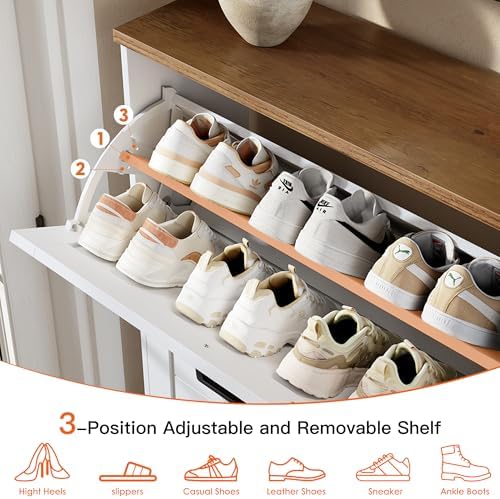 Nicetree Shaker Barn Door Shoe Cabinet, 4 Flip Drawers & 3Tier Adjustable Shelves, Ultra Slim Freestanding, Modern Rustic Brushed White Farmhouse Shoe Rack for Entryway, Hallway, Foyer & Mudroom White - Image 5